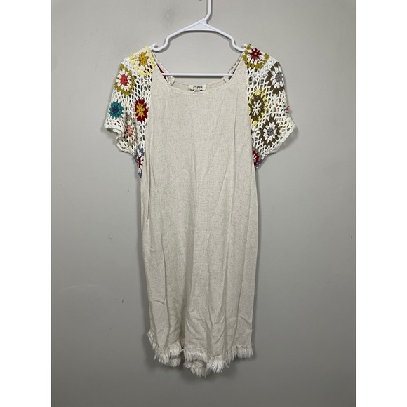 Umgee Dresses & Skirts - Umgee Crochcet Sleeve Linen Cotton Mini Dress Size Small Bohemian Beach Casual